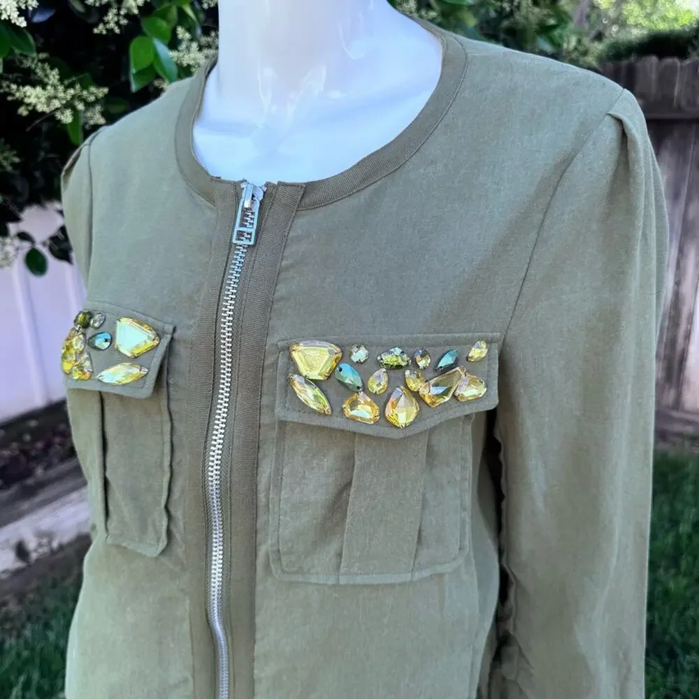 H&M Conscious Collection Beaded Jacket Olive Green Women's Size 6